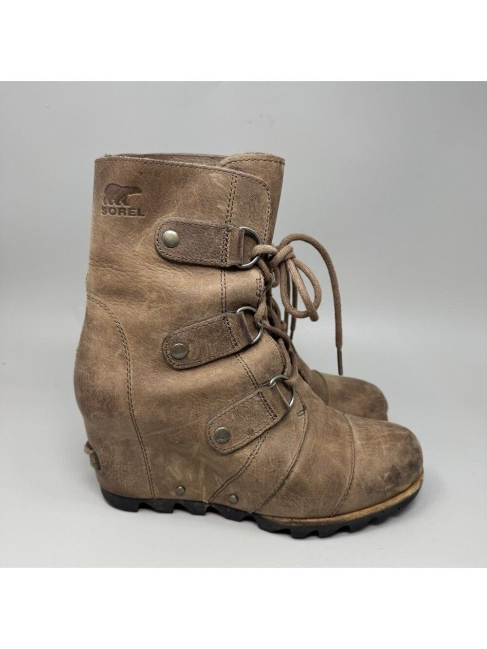 Sorel NL2305-256 Joan of Arctic Wedge Women's Brown Leather Mid Boots Sz USA 7